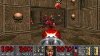 Screenshot from 1993 Doom showing enemies being shot in a room with skulls