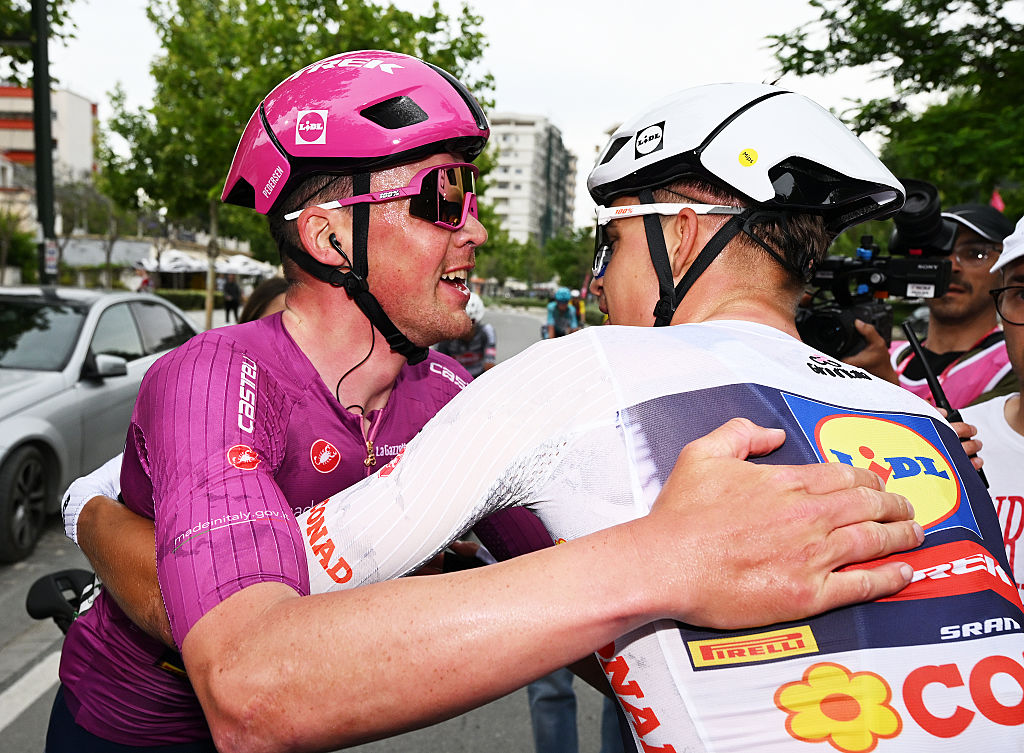 VLORE ALBANIA MAY 11 LR Stage winner Mads Pedersen of Denmark and Team Lidl Trek Purple Points Jersey reacts with his teammate Mathias Vacek of Czech Republic White best young jersey after the 108th Giro dItalia 2025 Stage 3 a 160km stage from Vlore to Vlore UCIWT on May 11 2025 in Vlore Albania Photo by Dario BelingheriGetty Images