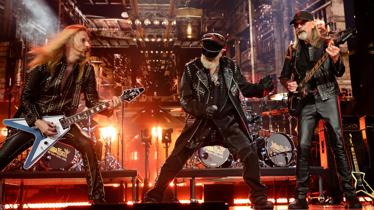 Richie Faulkner, Rob Halford and Glenn Tipton of Judas Priest perform onstage the 37th Annual Rock &amp; Roll Hall of Fame Induction Ceremony.