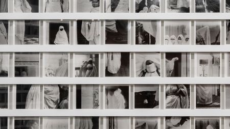 A grid of small archival photographs of veiled women in Morocco