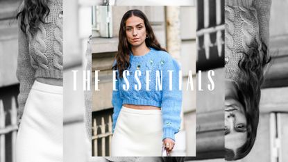 woman wearing a blue cable knit sweater and white skirt overlayed by text "the essentials"