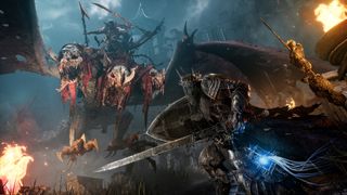 A player faces down an enemy riding a three-headed Hell-beast in Lords of the Fallen