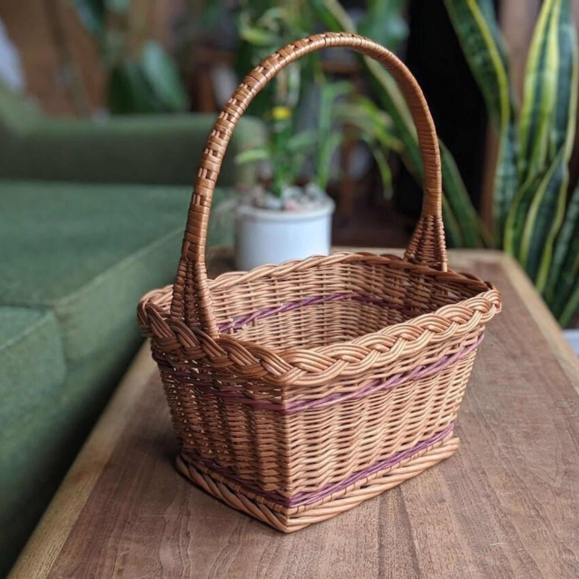 Vintage rectangle wicker flower basket with red burgundy stripes