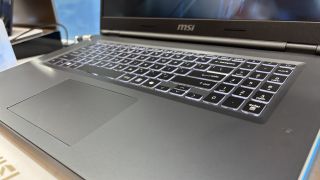 MSI VenturePro 16 AI's keyboard and trackpad closeup at its display at CES 2025