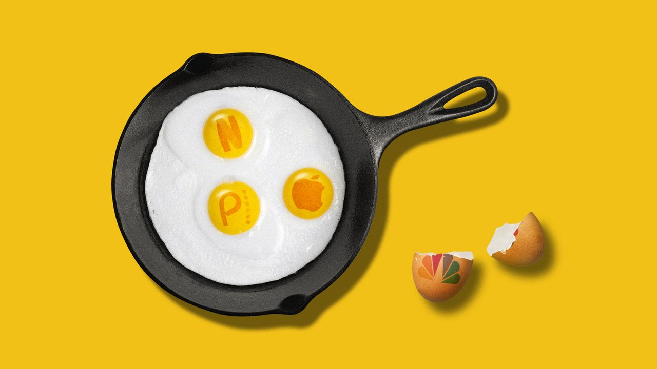 Frying pan with a triple yolk fried egg stamepd with Netflix, Apple and Peacock logos