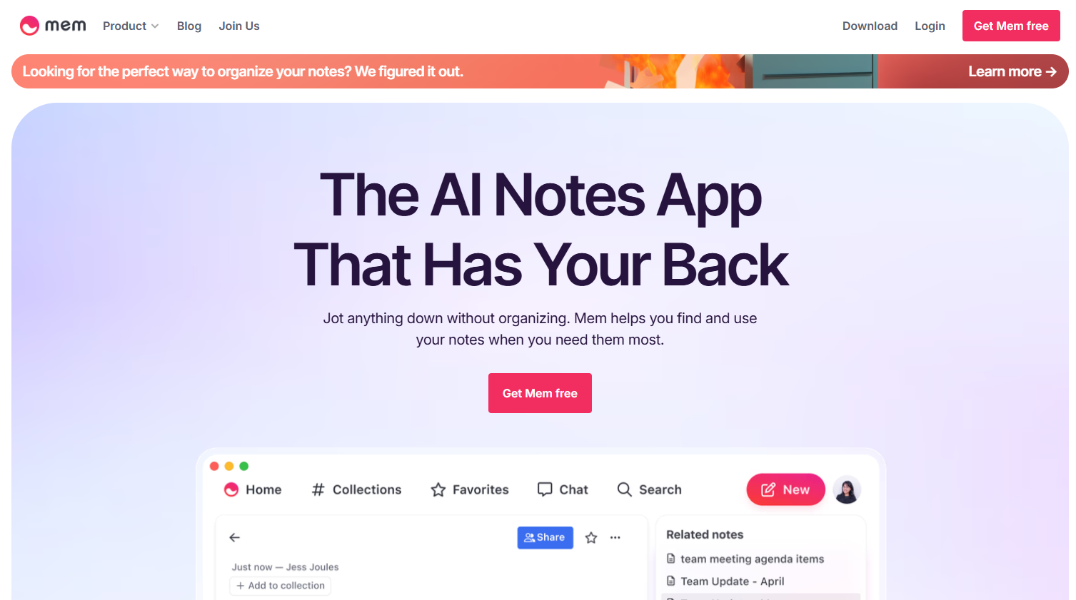 A screenshot of the Mem AI website