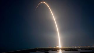 A timelapse exposure captures the streak from a SpaceX Falcon 9 rocket as it ascended from Cape Canaveral Space Force Station in Florida on Sunday, May 12, 2024.