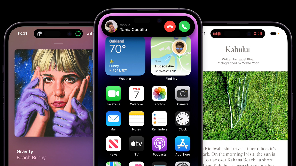 Screenshots, die die dynamische Insel auf drei iPhone-Renderings zeigen