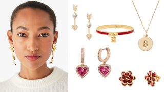 composite image of model wearing bow earrings and cut outs of Kate Spade jewelry pieces