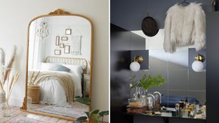 Compilation of two images showing how to make a small bedroom look bigger with mirrors
