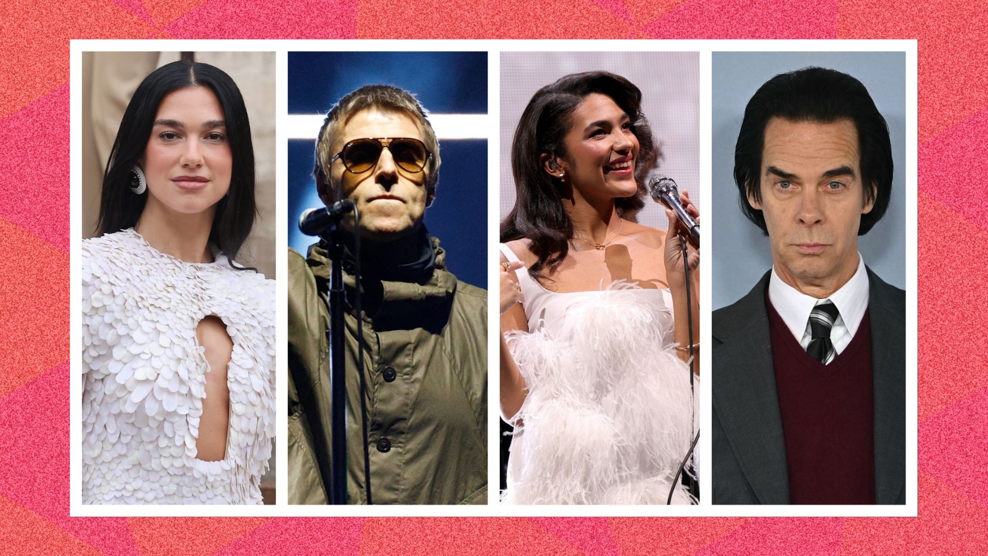 an image of potential singers who could do the bond song, from L-R: Dua Lipa, Noel Gallagher, Olivia Dean, and Nick Cave