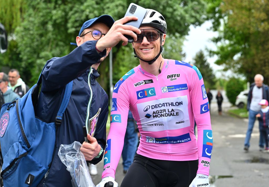 SAINTLAURENTBLANGY FRANCE MAY 16 Sam Bennett of Ireland and Decathlon AG2R La Mondiale Team Pink Leader Jersey meets the fans at start prior to the 68th 4 Jours de Dunkerque Grand Prix des Hauts de France 2024 Stage 3 a 1651km stage from SaintLaurentBlangy to Bouchain on May 16 2024 in SaintLaurentBlangy France Photo by Luc ClaessenGetty Images