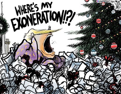Political Cartoon U.S. Trump Christmas Morning No Exoneration Gift