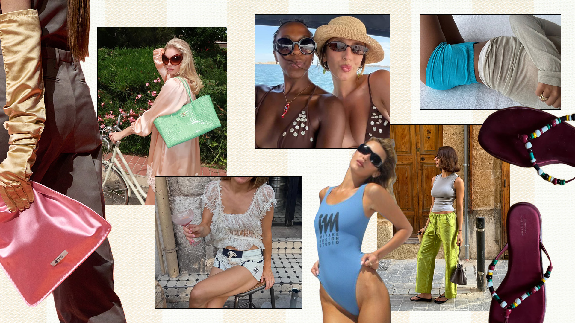 a collage of influencer and celebrity outfit images featuring the biggest vacation fashion trends of 2026