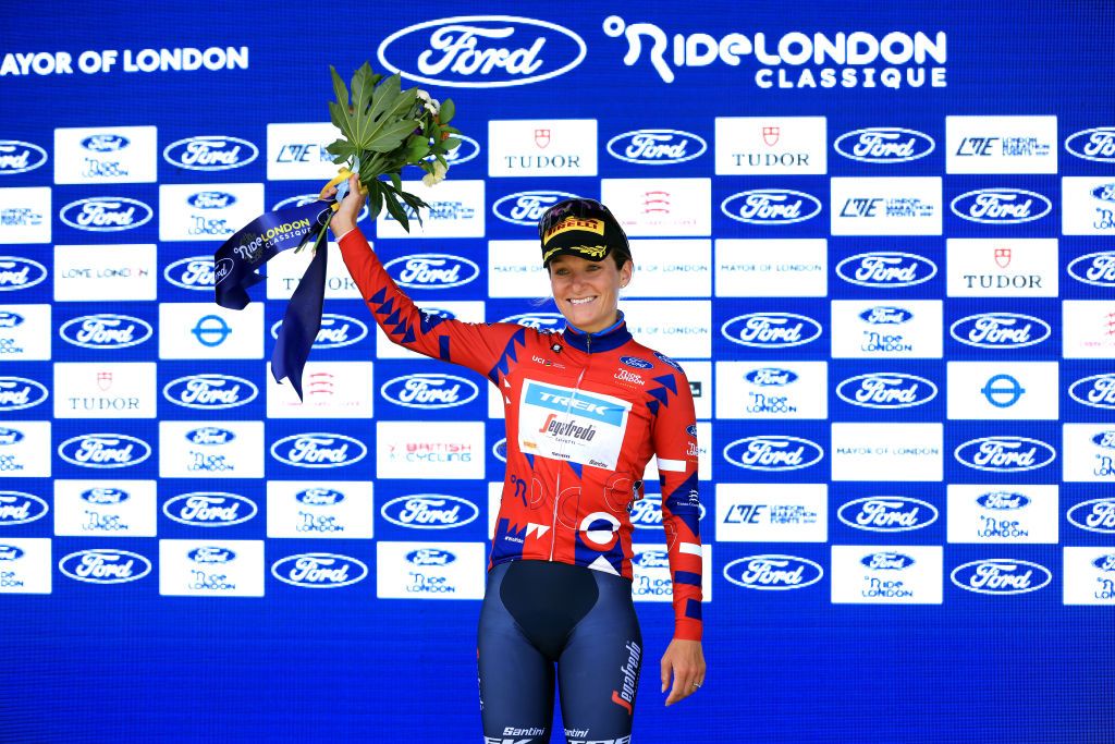 Lizzie Deignan (Trek-Segafredo) in the points jersey after stage 1 of RideLondon