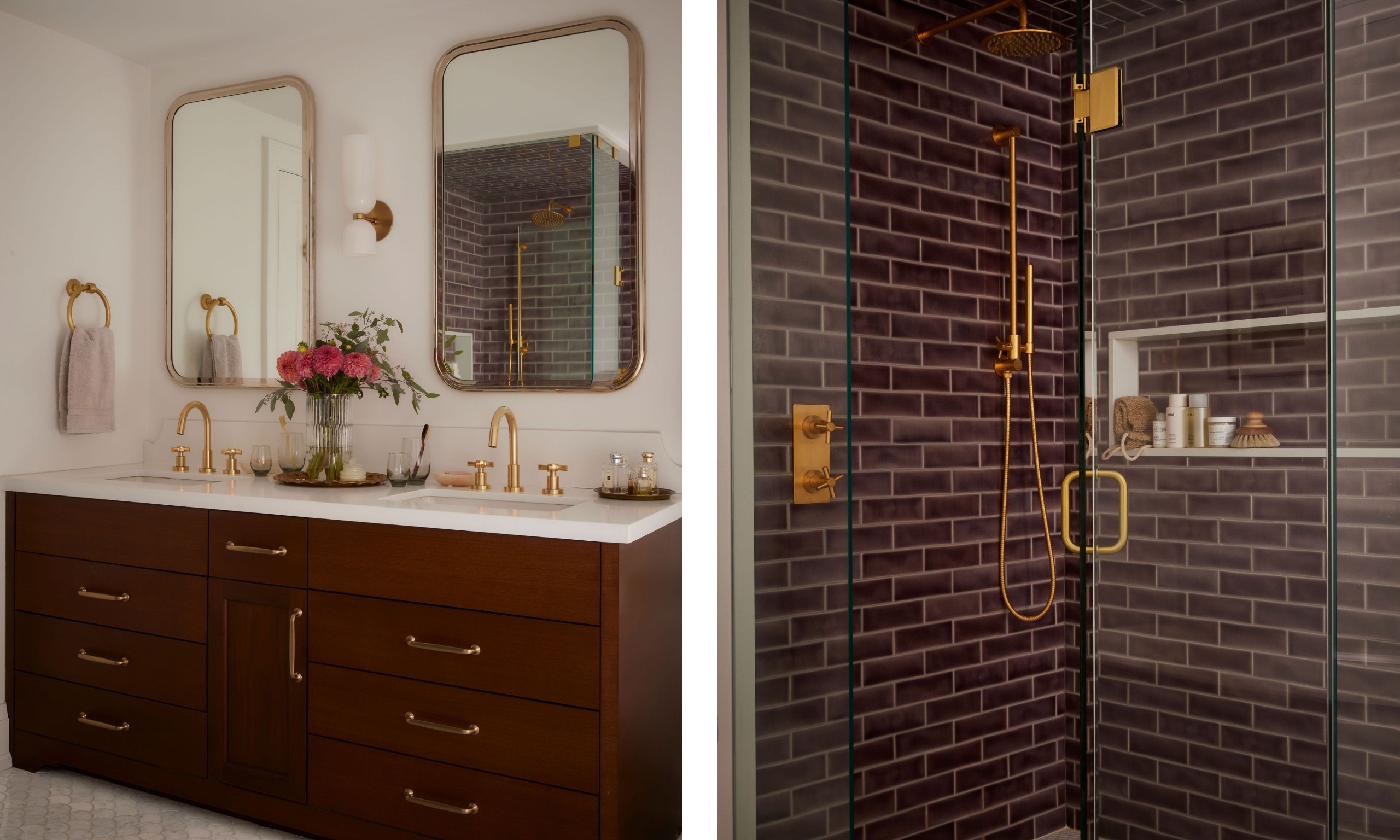 Two images of a bathroom with white walls, a dark wood dresser with double sinks and brass fixtures, and two brass mirrors. A shower with brown-red tiles and brass fixtures.