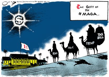 Political cartoon U.S. Christmas wise men GOP tax cuts wealthy