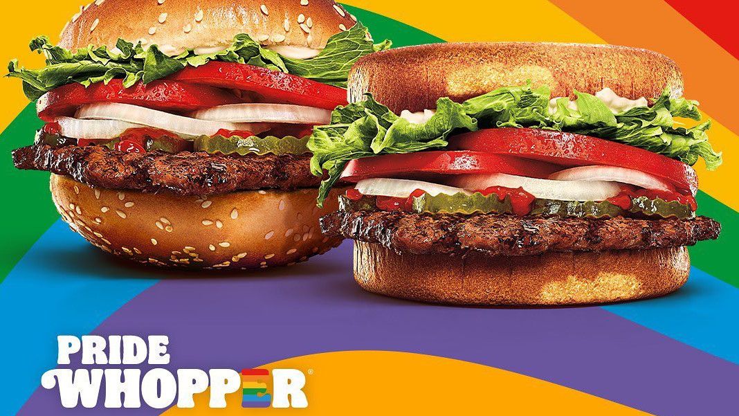 Burger King &#039;Pride Whoppers&#039; with two top buns and two bottom buns, on multi-coloured background