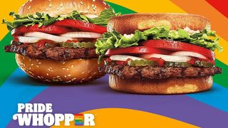 Burger King 'Pride Whoppers' with two top buns and two bottom buns, on multi-coloured background