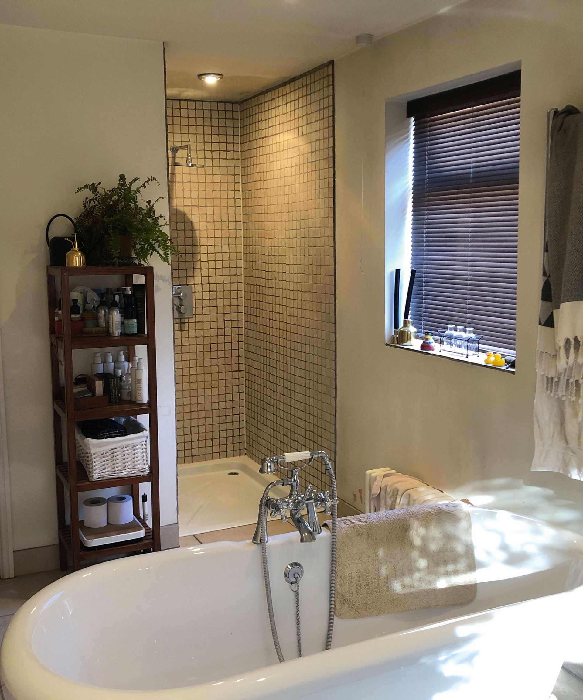 Kamar mandi baru Ellie Rowley-Conwy yang luas memiliki sentuhan kontemporer dan sentuhan eksotis