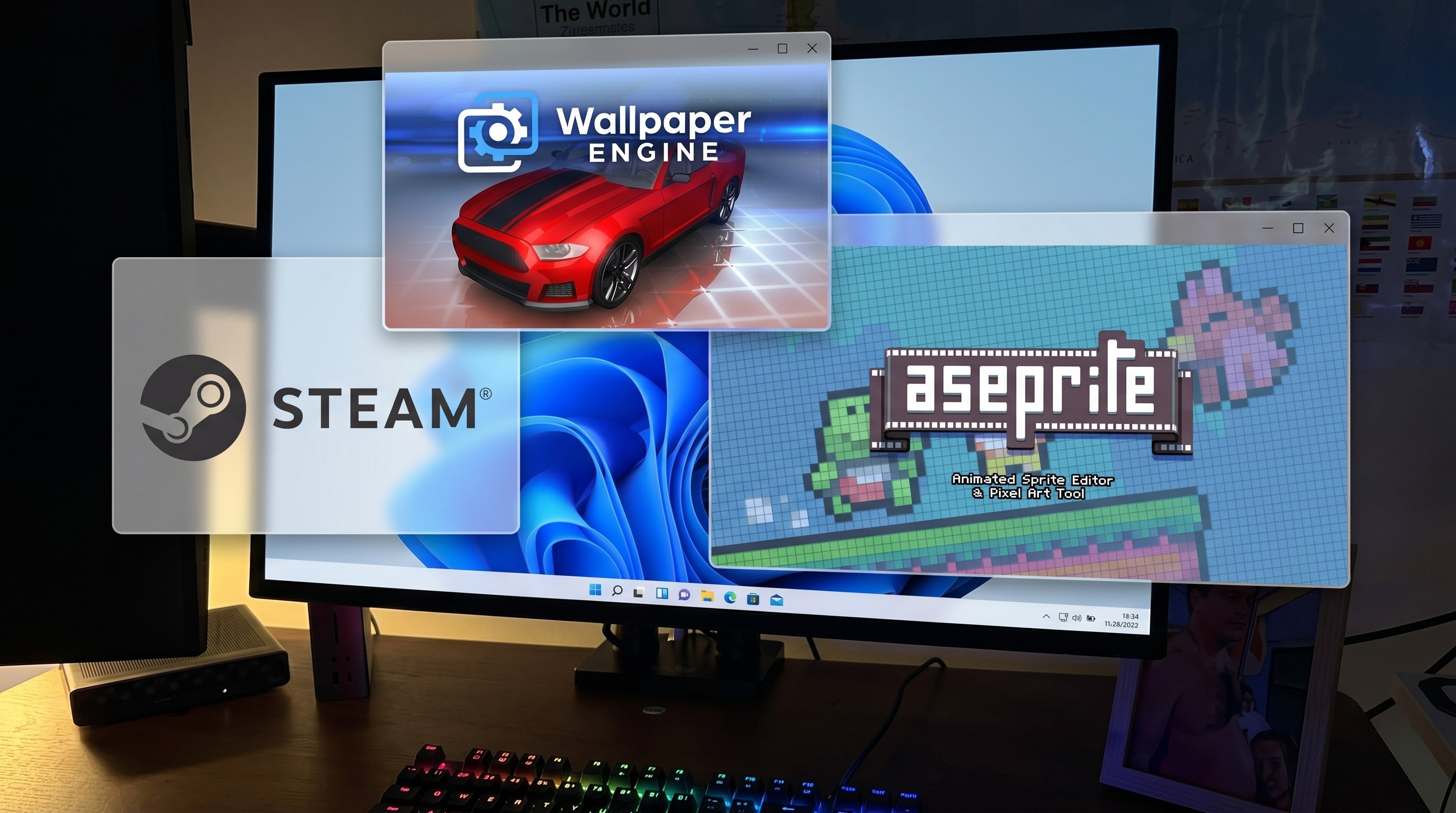 An image of a Windows 11 desktop with windows for Steam, Wallpaper Engine, and Aseprite overlaid.