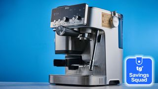 the ninja luxe cafe mini plus on a blue tom's guide background with a savings squad badge