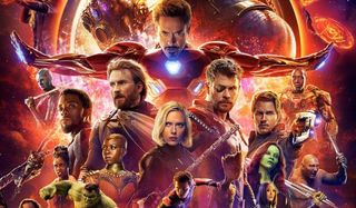Avengers: Infinity War full cast lineup in front of a blazing fireball