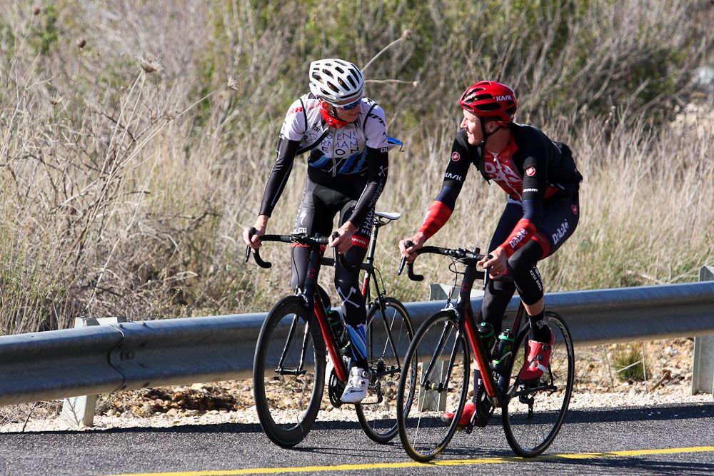 Krists Nielands and Jason Lowndes share a laugh during the ride.