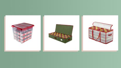 a collage image showing three of the best ornament storage containers in w&h's round-up