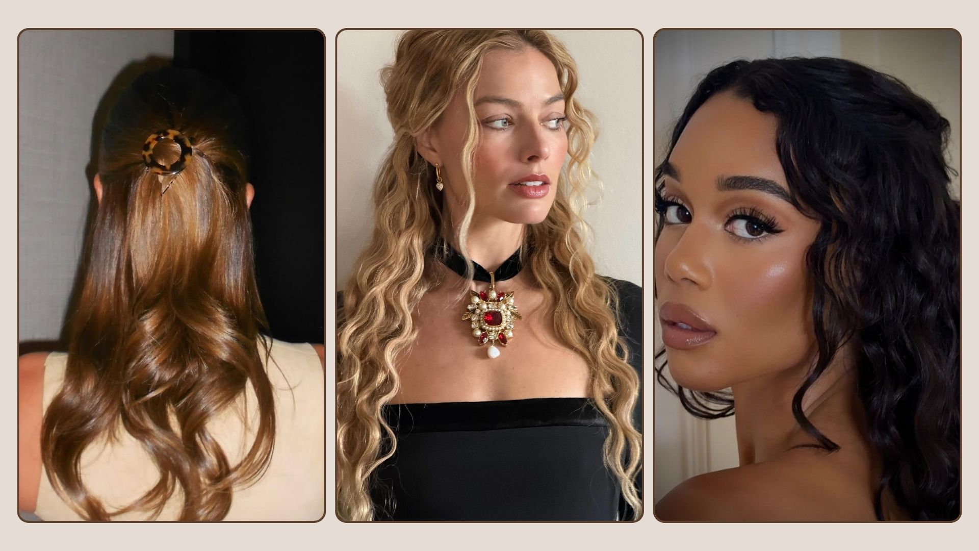 A collage of Hailey Bieber, Margot Robbie and Laura Harrier with half-up, half-down hairstyles