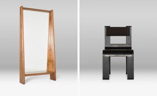 Left, mirror with wooden frame. Right, black wooden chair with plush cushion