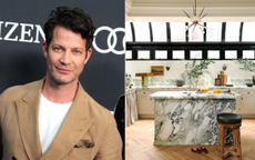 A split image with a headshot of Nate Berkus looking at the camera and a picture of a kitchen with a marble island 
