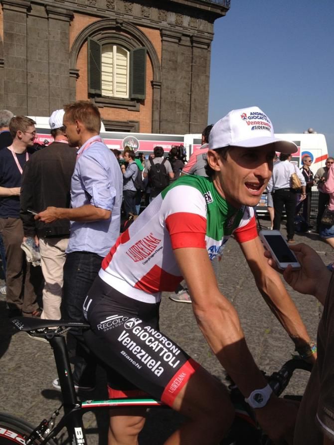 Franco Pellizotti, the Italian national champion stops for a word after being introduced to the crowds