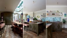 Kitchen with green cabinetry and wooden floors and teal tiles