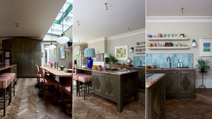 Kitchen with green cabinetry and wooden floors and teal tiles