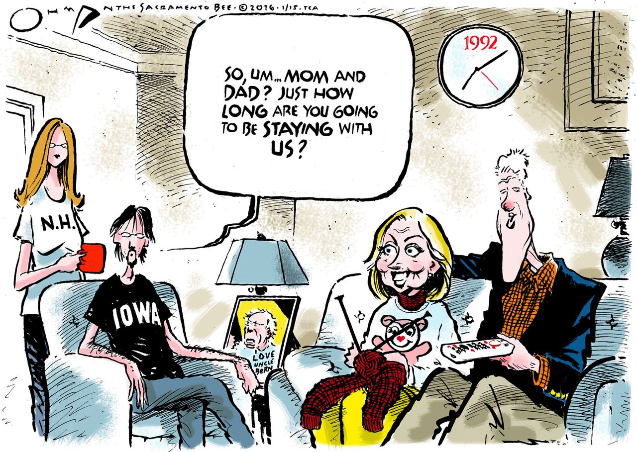 Political cartoon U.S. Hillary Bill Clinton Iowa New Hampshire 2016