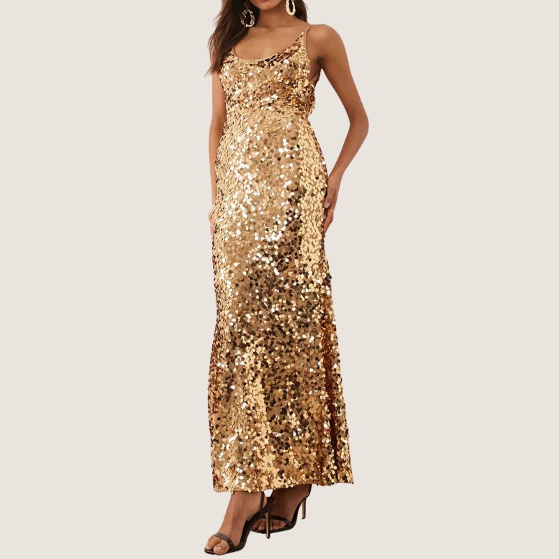 ASOS DESIGN embellished sequin cami scoop maxi dress in gold sequin on model