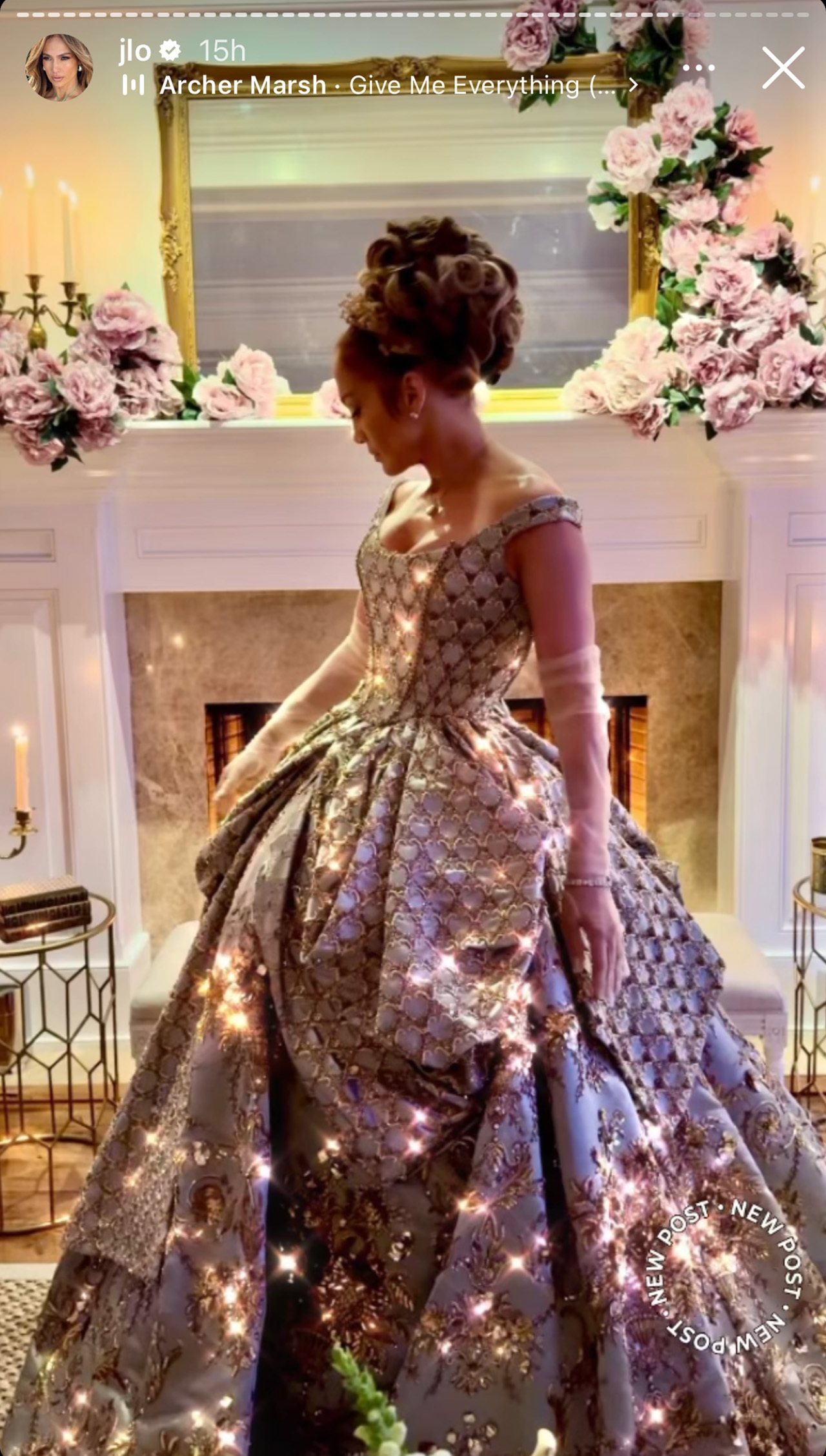 Jennifer Lopez in a Bridgerton inspired dress for her birthday party