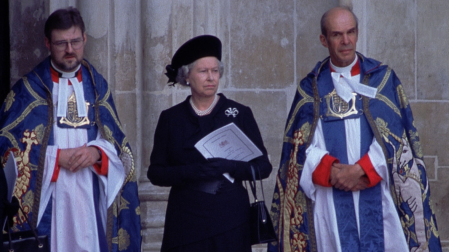 Queen Elizabeth II stands on the day of the funeral of Diana, Princess of Wales in 1997