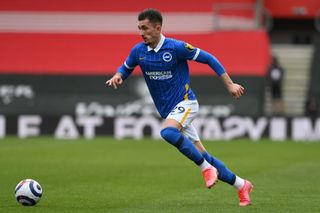 Andi Zeqiri of Brighton & Hove Albion in action during the Premier League match between Southampton and Brighton & Hove Albion at St Mary's Stadium on March 14, 2021 in Southampton, England. Sporting stadiums around the UK remain under strict restrictions due to the Coronavirus Pandemic as Government social distancing laws prohibit fans inside venues resulting in games being played behind closed doors.