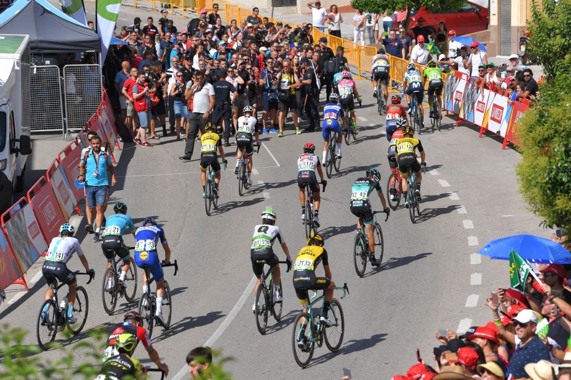 The peloton at the finish of stage 7 of the 2018 Vuelta a Espana.