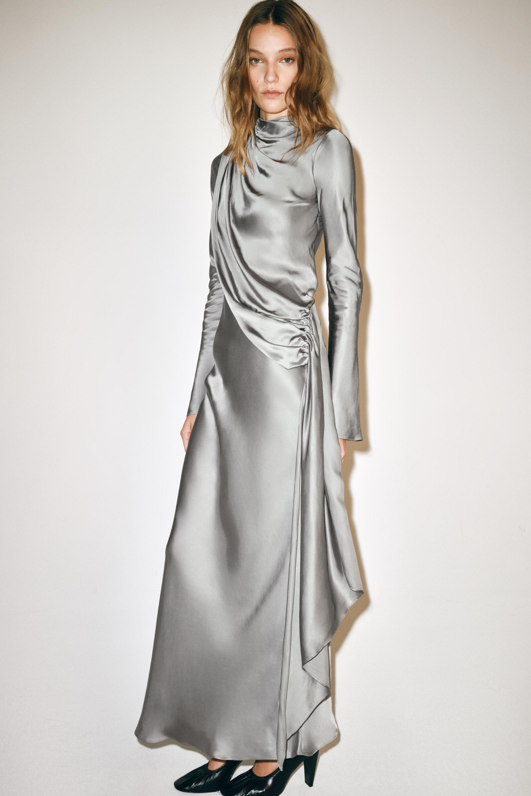 100% Viscose Draped Maxi Dress - Gray - Xs