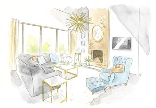 Living room sketch showing white walled room with grey sofa, blue armchair, exposed brick fireplace and brass and glass furniture and accessories