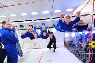 ESA astronaut Samantha Christoforetti and others on a parabolic flight.