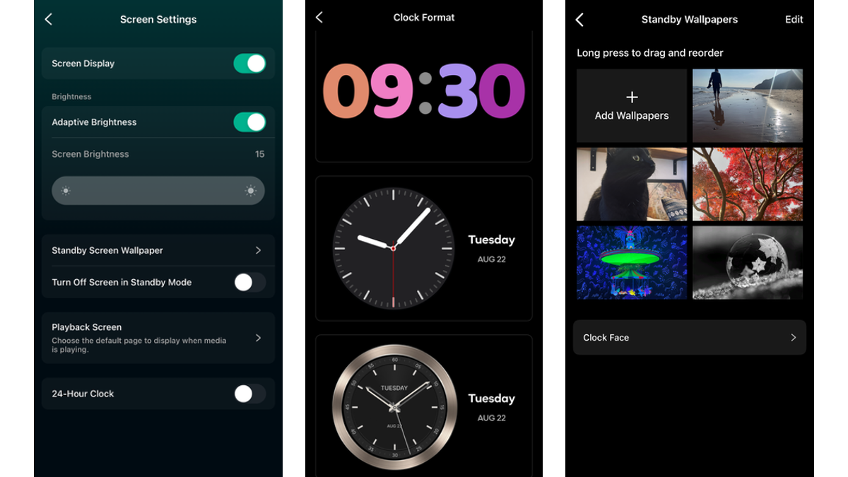 Screenshot of display, clock and wallpaper settings in WiiM Home app