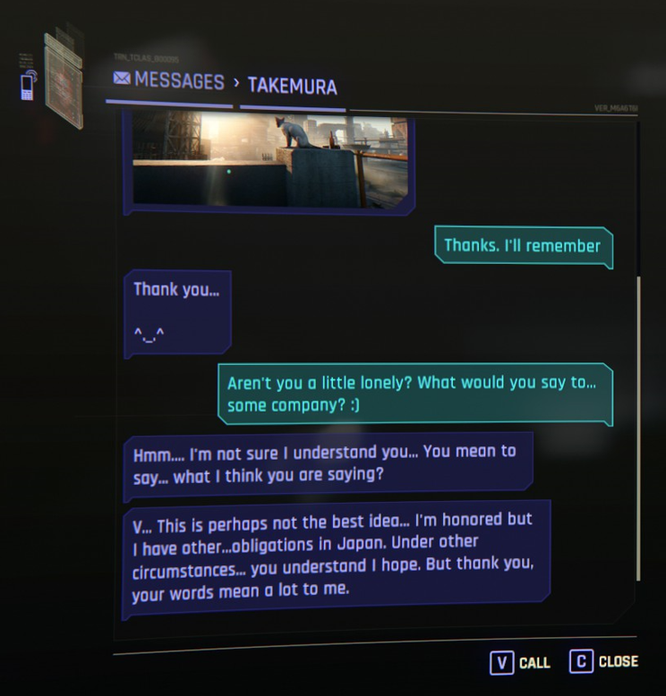 An image showing an utterly disastrous text chain between V, the main character, and Goro Takemura in Cyberpunk 2077.