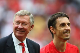 Manchester United manager Sir Alex Ferguson and captain Gary Neville ahead of the 2008 Charity Shield clash against Portsmouth.