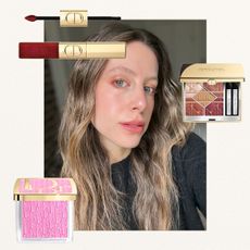 Photo collage of Jamie Schneider testing Dior's 2025 holiday makeup collection