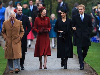 Prince Charles, Prince of Wales, Prince William, Duke of Cambridge, Catherine, Duchess of Cambridge, Meghan, Duchess of Sussex and Prince Harry, Duke of Sussex arrive to attend Christmas Day Church service at Church of St Mary Magdalene on the Sandringham estate