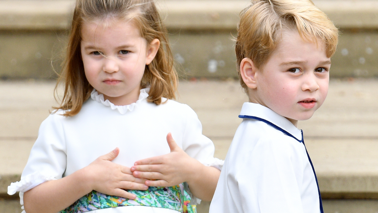 Princess Charlotte of Cambridge and Prince George of Cambridge attend the wedding of Princess Eugenie of York and Jack Brooksbank at St George&#039;s Chapel on October 12, 2018 in Windsor, England